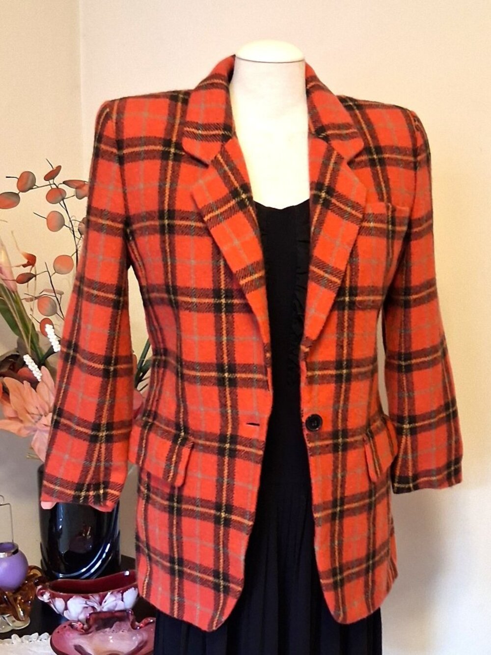 Vintage Jones New York Orang Red Wool Lined Blazer Checkered Pattern Jacket 8